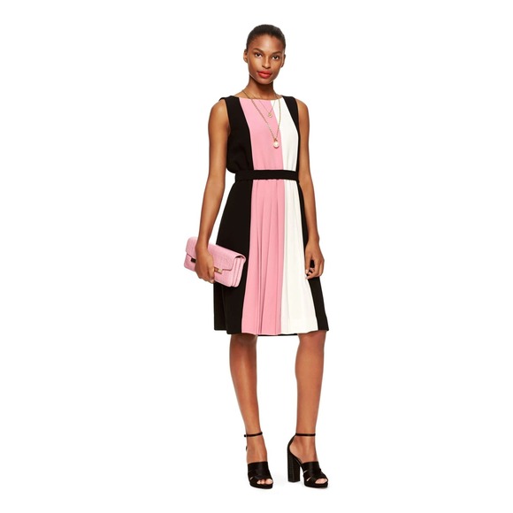 Kate Spade NY Colorblock Pleated Belted Dress 8 Pink White Black Missing Button - Picture 1 of 6